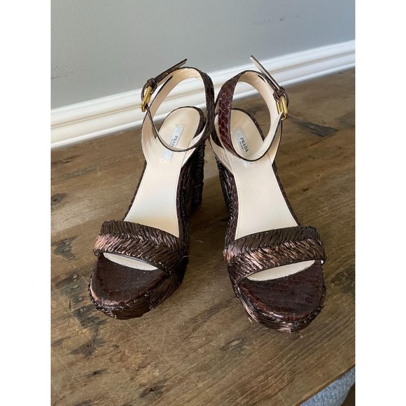 PRADA Wicker Woven Ankle Strap Platform Wedges - Picture 3 of 10